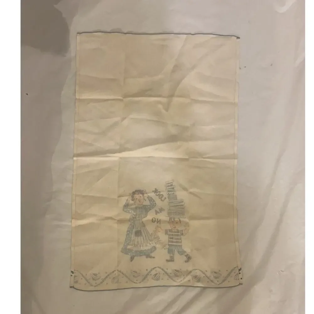 Vintage Lot of 2 Tea Kitchen Towel  - Look Ma No Hands - Off White / Blue
